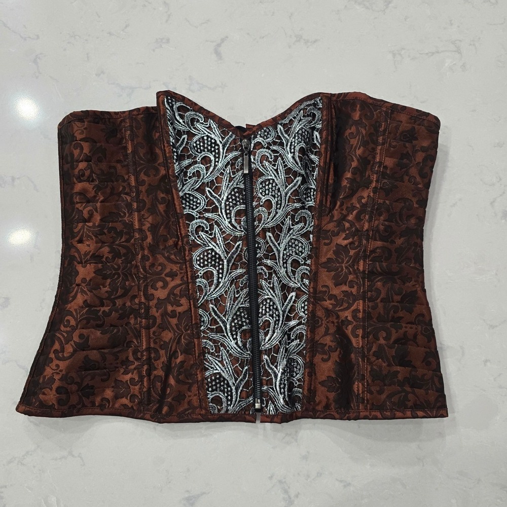 Alivila.Y Brown Brocade & Silver Lace Corset Top | Steampunk Gothic M